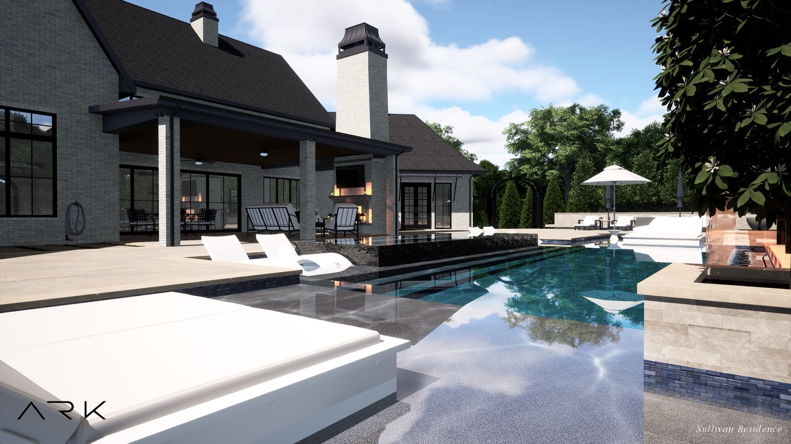 Modern backyard patio with pool and lounge chairs